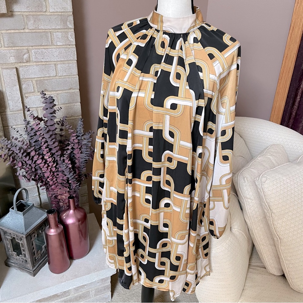 Richard Allan x H&M Standup Collar Satin Dress - Abstract Print